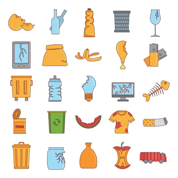 Los Iconos Dibujos Animados Basura Establecen Una Ilustración Vectorial Para — Vector de stock