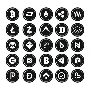 Cryptocurrency siyah paralar bitcoin ile litecoin ethereum sembolleri vektör. Siyah basit para bitcoin ve ethereum, litecoin ve blockchain vektör illüstrasyon izole beyaz arka plan üzerinde kümesi