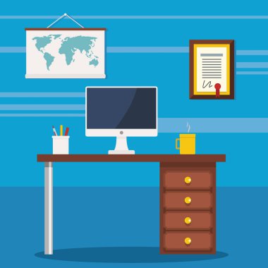 Resepsiyon, bilgisayar, ileti örneği, kupa ile renkli office çalışma alanı. Vektör çizim iş tasarımı için düz stil üzerinde