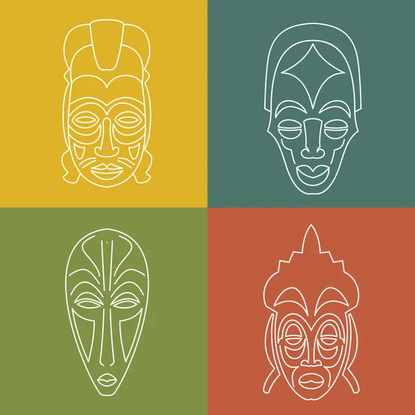 一套非洲族裔部落面具的色彩背景 白色线条图标 礼节标志 — 图库矢量图片