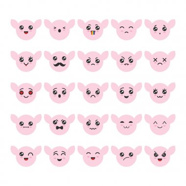 Çizgi film kawaii ifadeler kümesi. Şirin surat emoji karakter düz Japon tarzı. Vektör duygu gülümseme çizgi film, kawaii anime vektör çizim