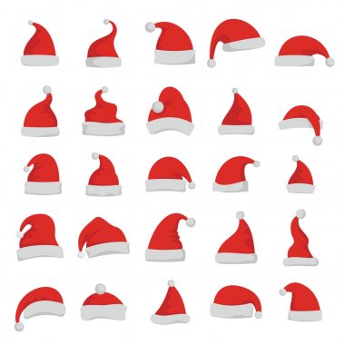 Noel Noel Baba kırmızı çizgi film şapkaları beyaz arka plan üzerinde izole set vektör. Noel Baba şapkaları, Noel tatil giyim kostüm kap vektör çizim