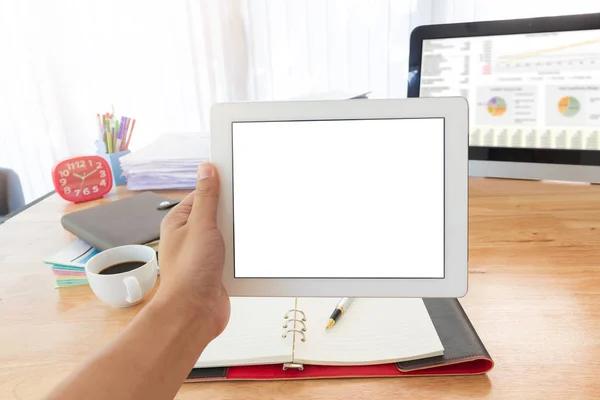 Bedrijfsconcept van office werkt, Hand met Tablet PC — Stockfoto