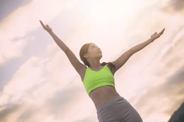 Silhouette Fitness Frau beim Training bei Sonnenuntergang, Vintage-Effekt — Stockfoto