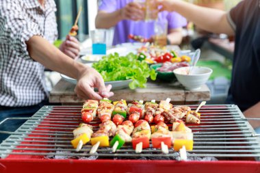 Friends having party and cooking barbecue in gardern.