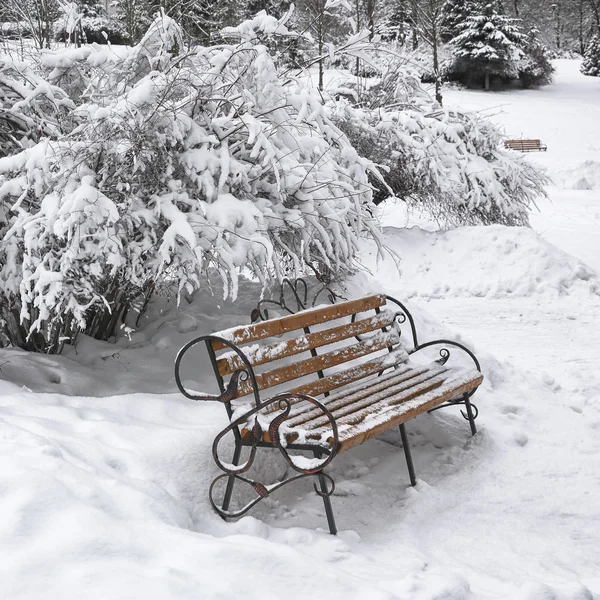 冬の日に都市公園の雪に覆われたベンチ — ストック写真