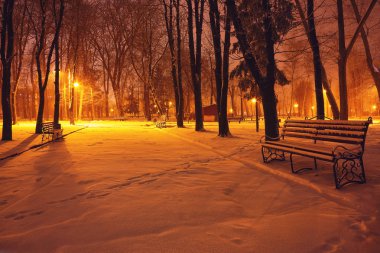 Winter park banklar ile akşam karla kaplı.