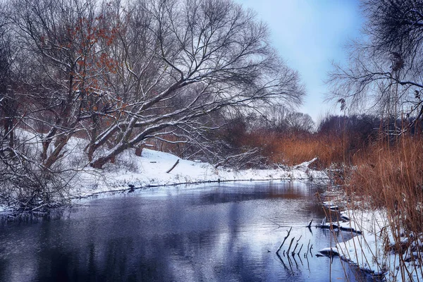 Paisaje invernal junto a un río — Foto de Stock