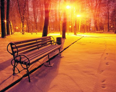 Winter park banklar ile akşam karla kaplı