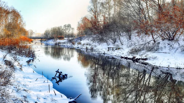 Scenic view of the river and trees in winter — Stock Photo, Image