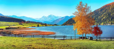 Haidersee 'nin görkemli sonbahar manzarası (Lago della Muta) göl esprisi