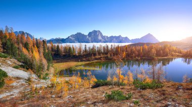 Federa Gölü 'nün Dolomitlerdeki muhteşem sonbahar manzarası