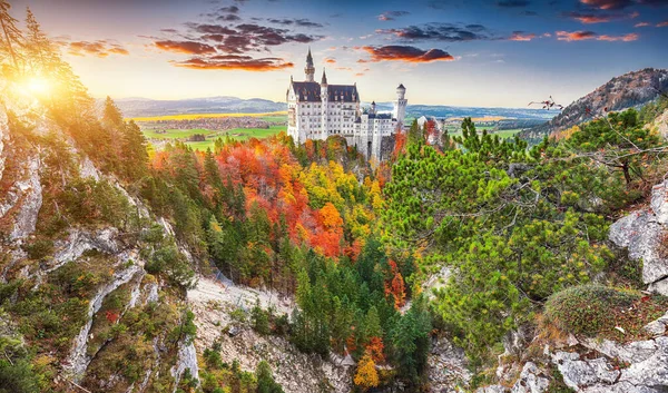 Vue majestueuse sur le coucher du soleil du célèbre château de Neuschwanstein en automne . — Photo