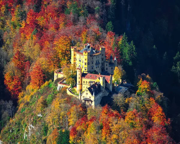 Aerial view of famous Hohenschwangau castle in autumn. — Stock Photo, Image