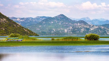 Güneşli bir günde Skadar Gölü 'nün yeşil dağ tepeleriyle çevrili muhteşem manzarası. Konum: Ulusal park Skadar Gölü, Karadağ, Balkanlar, Avrupa.