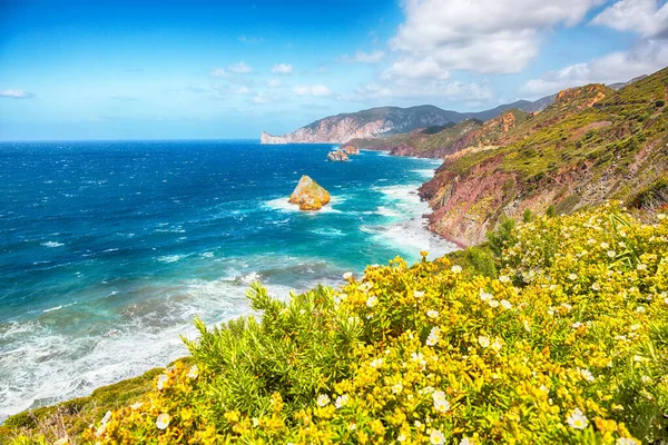 背景是内比达和Masua海岸以及Pan Zucchero令人惊奇的春景 Nebida Iglesias Sardinia Italy Europe — 图库照片