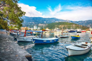 Budva 'ya demirlemiş tekne ve yatlarla dolu liman manzarası. Konum: Budva, Karadağ, Balkanlar, Avrupa