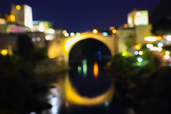 Vista Turva Mostar Com Ponte Mostar Noite Localização Mostar Cidade — Fotografia de Stock