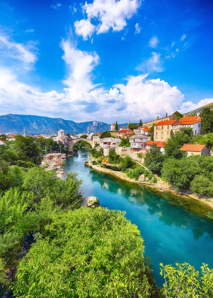 Fantastische Skyline Von Mostar Mit Der Mostar Brücke Häusern Und — Stockfoto