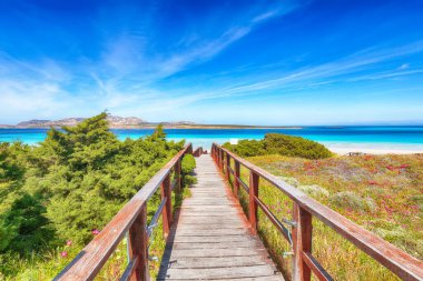 Meşhur La Pelosa plajının (Spiaggia della Pelosa) ahşap köprüsü ile muhteşem manzarası. Konum: Stintino, Sassari ili, İtalya, Avrupa