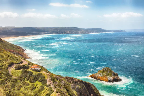 Astonishing Spring View Nebida Fontanamare Coastline Scoglio Morto Turquoise Sea — Stock Photo, Image