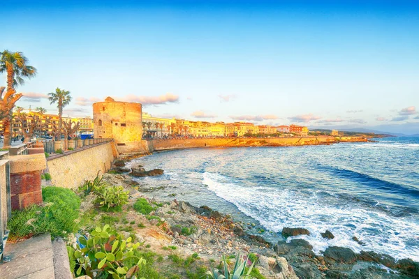 Gorgeous Evening Cityscape Historical Part Alghero Town Fantastic Mediterranean Seascape — Stock Photo, Image