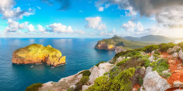 Stunning Morning View Foradada Islet Cacccia Cape Fantastic Mediterranean Seascape Stock Image