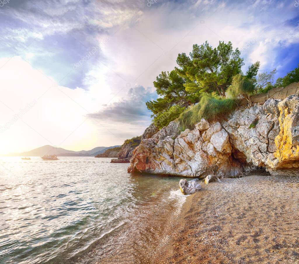 Picturesque summer view of Adriatic sea coast in Budva Riviera near Przno village. Location: Przno village, Montenegro, Balkans, Europe