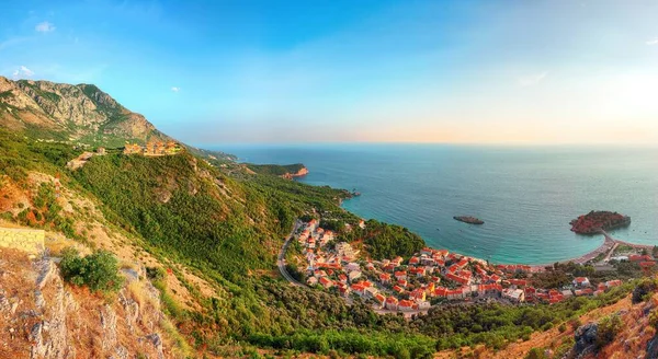 Aerial Stunning View Islet Sveti Stefan Church Sava Viewpoint Location — Stock Photo, Image