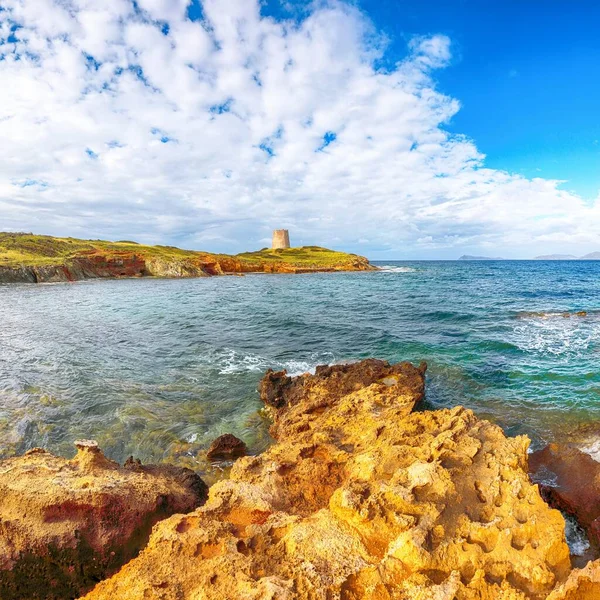 Gorgeous Morning View Piscinni Bay Turquoise Sea Famous Coastal Tower — Stock Photo, Image