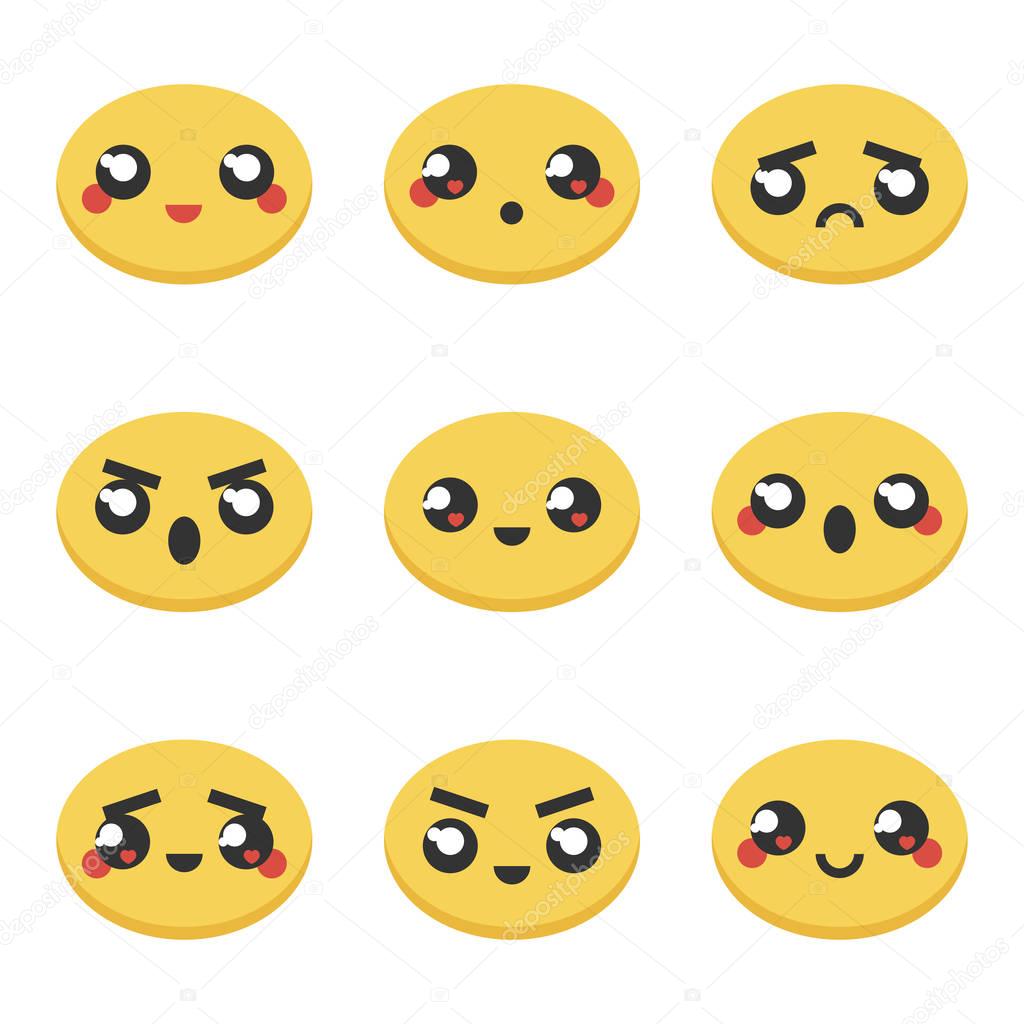 Set, collection of kawaii japanese emoticons, emoji yellow faces
