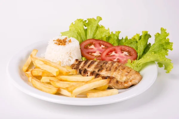 Chicken Breast Fillet with French Fries, Rice and Salad — Stock Photo, Image