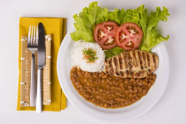 Chicken Breast Fillet with Brown Pinto Beans, Rice and Salad — Stock Photo, Image