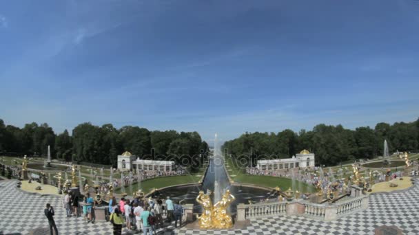 La célèbre grande fontaine Peterhof, touristes photographiés, Saint-Pétersbourg, Russie — Video