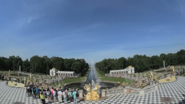 Berömda stor kaskad fontänen Peterhof, Sankt Petersburg, Ryssland — Stockvideo