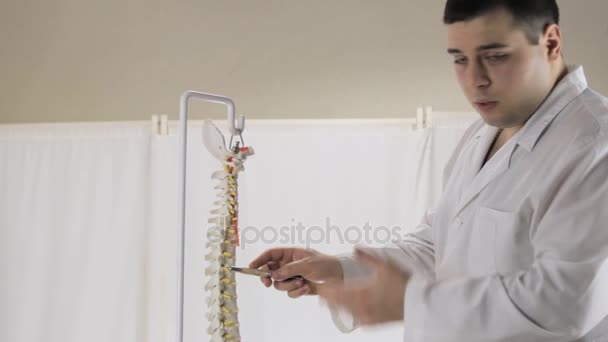 Lékař o struktuře sádrového lidských obratlů — Stock video