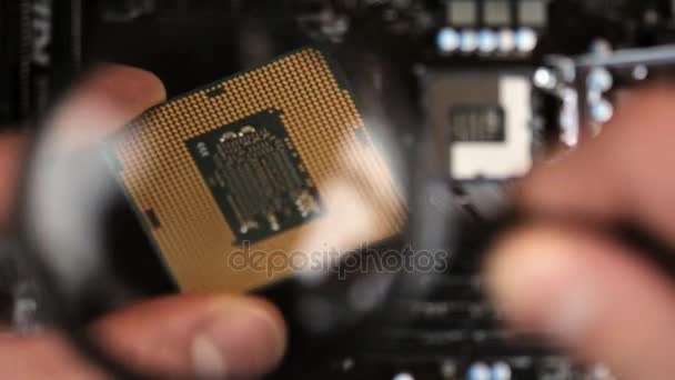 Analysis of contacts of the processor socket and CPU with the subsequent installation — Stock Video