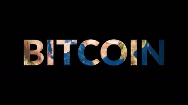Texto Bitcoin revelando girando globo terráqueo — Vídeos de Stock
