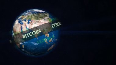 Satır ile popüler cryptocurrency çalışan bir gezegen Dünya'ya dünyanın dört bir yanından döner