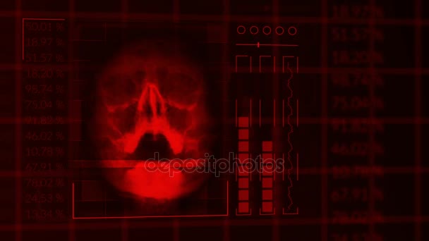 Skenování z lidské lebky, smyčce červený hud rozhraní lékařské vybavení — Stock video