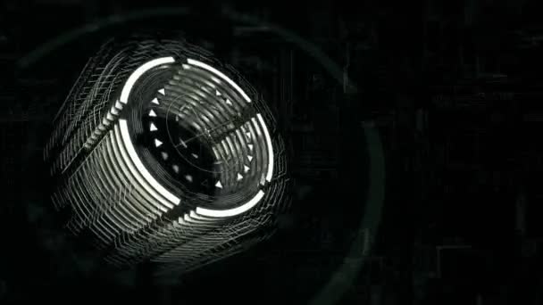 3Δ πράσινο κύλινδρος περιστρέφεται στο διάστημα, φόντο ένα ηλεκτρικό φορτίο του σκάφους — Αρχείο Βίντεο