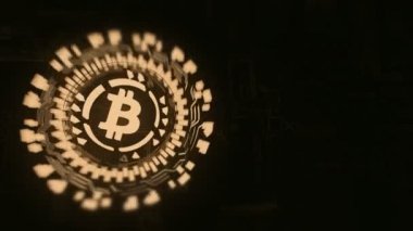Bitcoin işareti dönen altın dairesel hologram