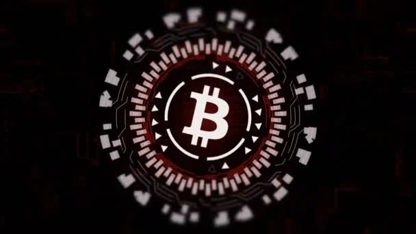 Red circular hologram rotating bitcoin sign in center — Stock Video