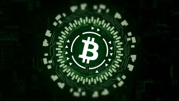 Groene circulaire hologram roterende bitcoin teken in centrum — Stockvideo