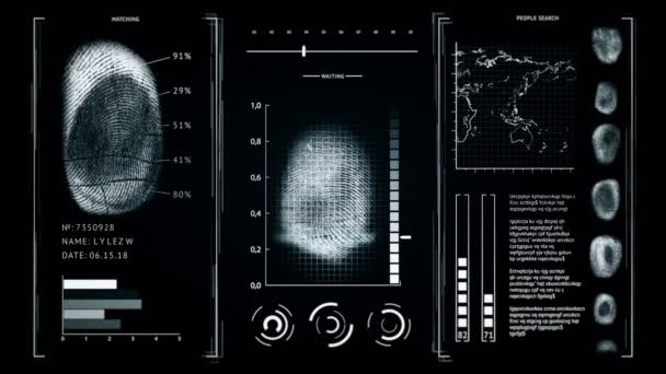 Сканирование отпечатков пальцев, поиск интерфейса отпечатки пальцев людей темно-серого цвета — стоковое видео