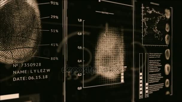 Интерфейс поиска отпечатков пальцев людей, экран отпечатков пальцев сканирование темно-золотой цвет, 3D камера — стоковое видео