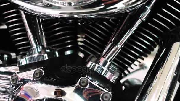 Lipetsk, Russian Federation - Jan 13, 2018: Exhibition of motorcycles, engine of a large motorcycle closeup — Stock Video