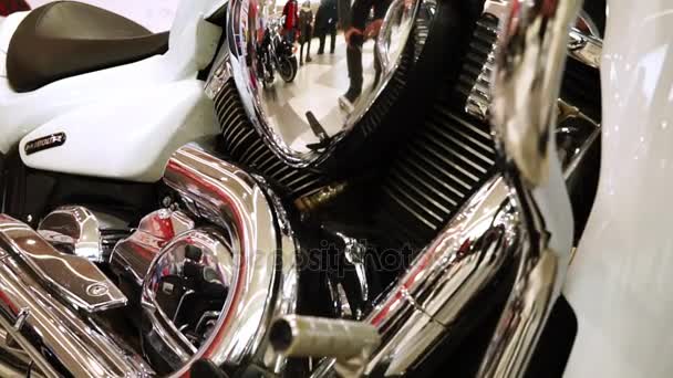 Lipetsk, Russian Federation - Jan 13, 2018: Exhibition of motorcycles, Old vintage a chrome parts motorcycle — Stock Video