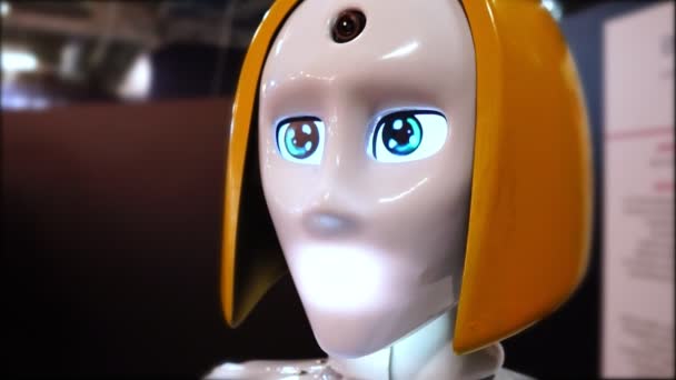 Lipetsk, Federación Rusa - 25 de enero de 2018: Exposición de robots. Mujer robot miró a la cámara — Vídeos de Stock