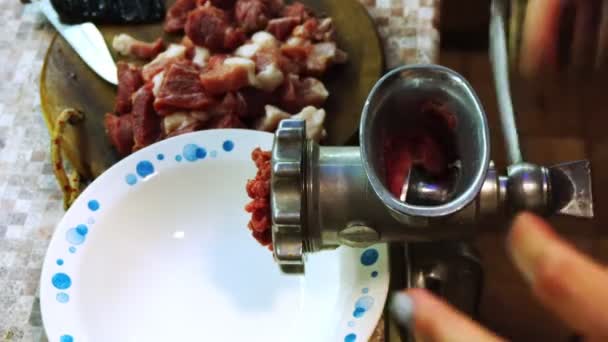 The meat is ground in a manual grinder — Stock Video